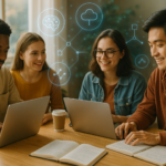 A diverse group of students studying with laptops, tablets, textbooks — with subtle AI elements (floating icons, glowing UI hints, digital overlays).