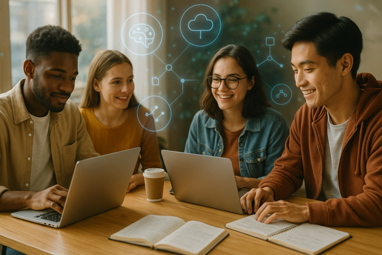 A diverse group of students studying with laptops, tablets, textbooks — with subtle AI elements (floating icons, glowing UI hints, digital overlays).
