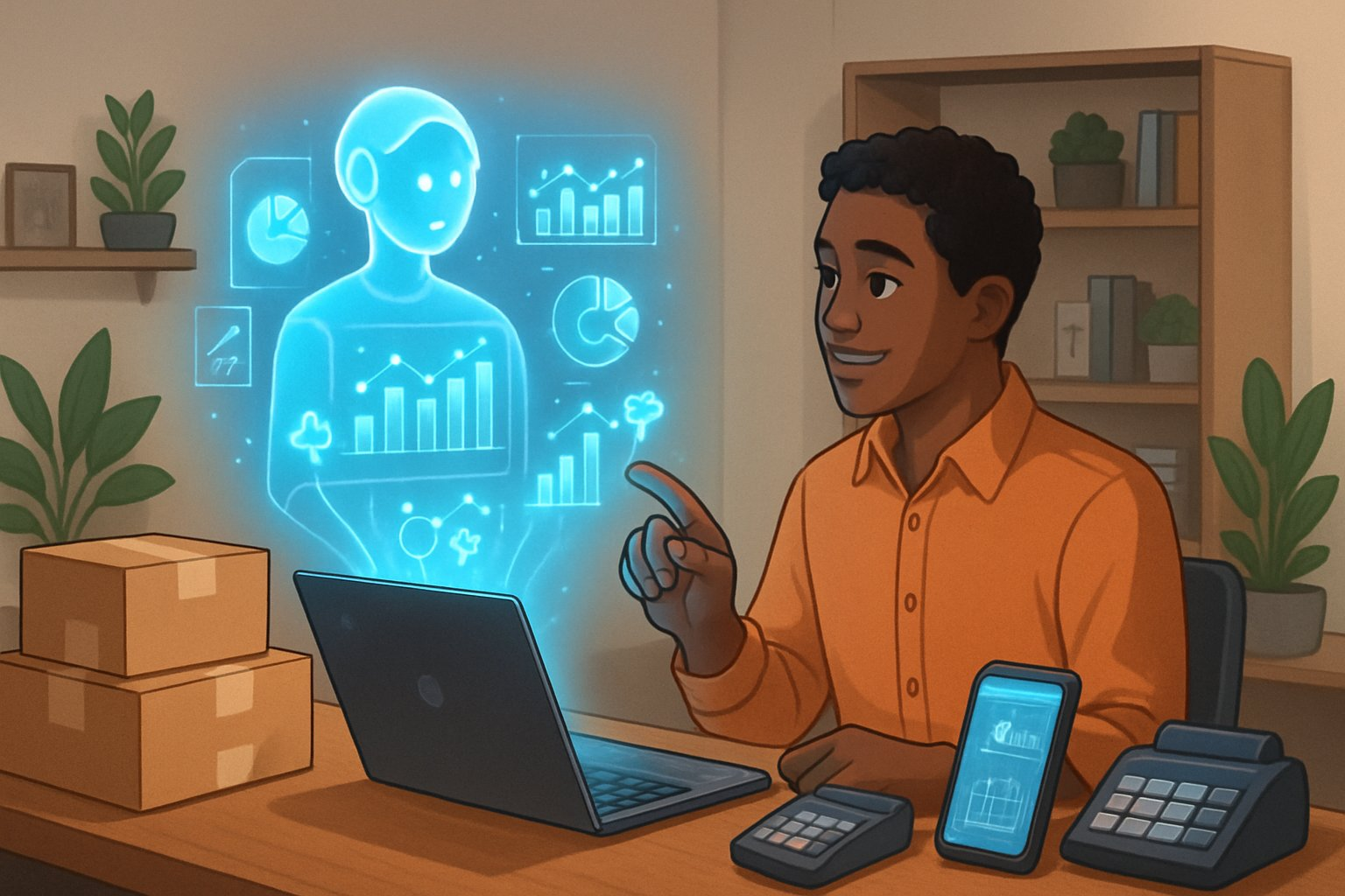 A small business owner using a holographic AI assistant above a laptop in a modern office surrounded by business tools and packages.
