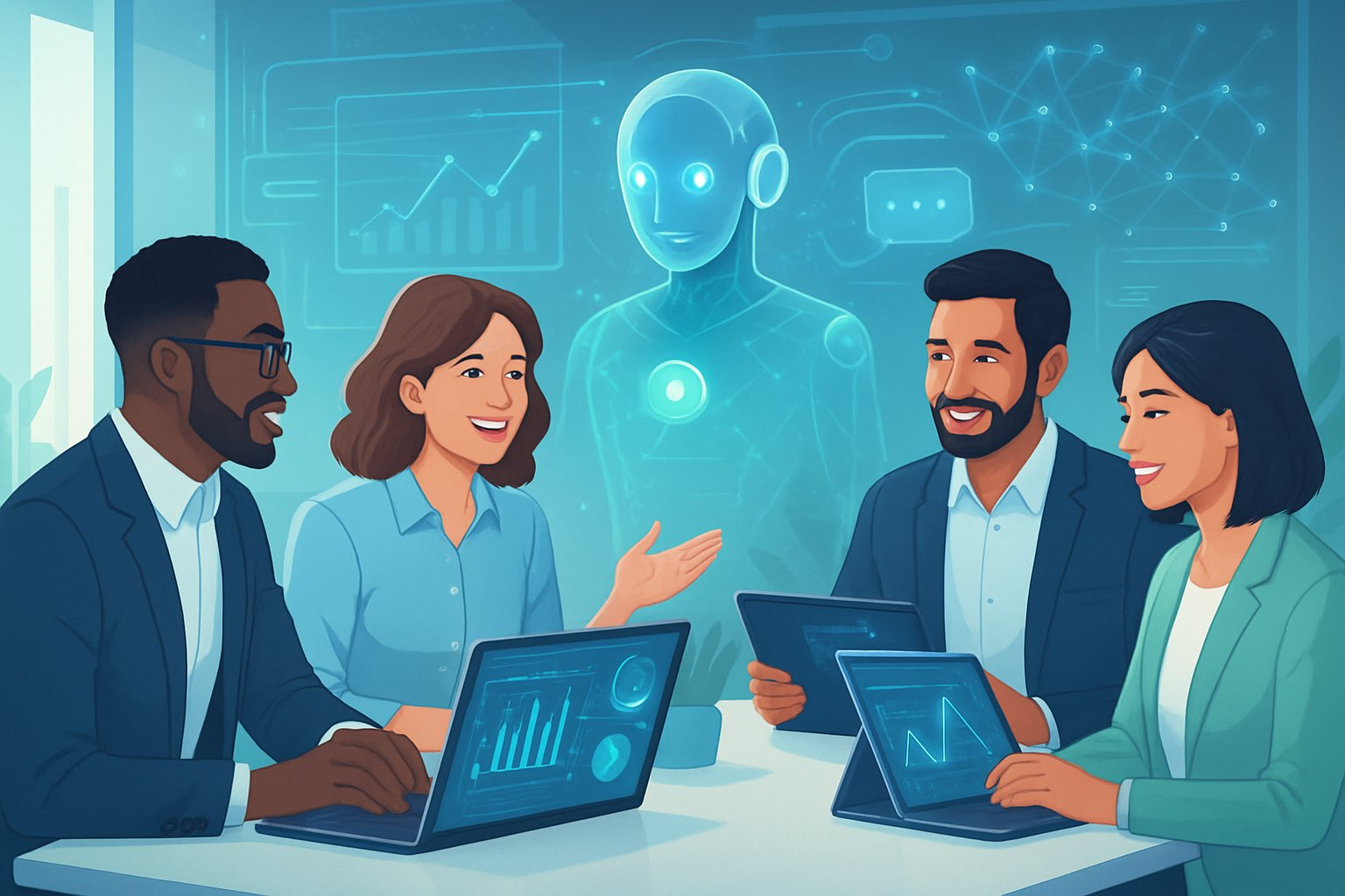 A group of small business owners working together with digital devices showing data and AI elements in a modern office setting.