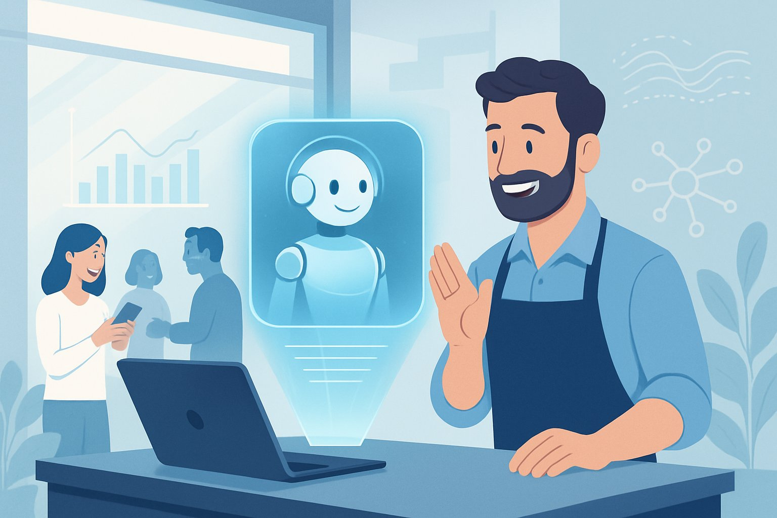 A small business owner interacting with a holographic AI assistant in a modern shop setting, with customers using digital devices and data visuals in the background.