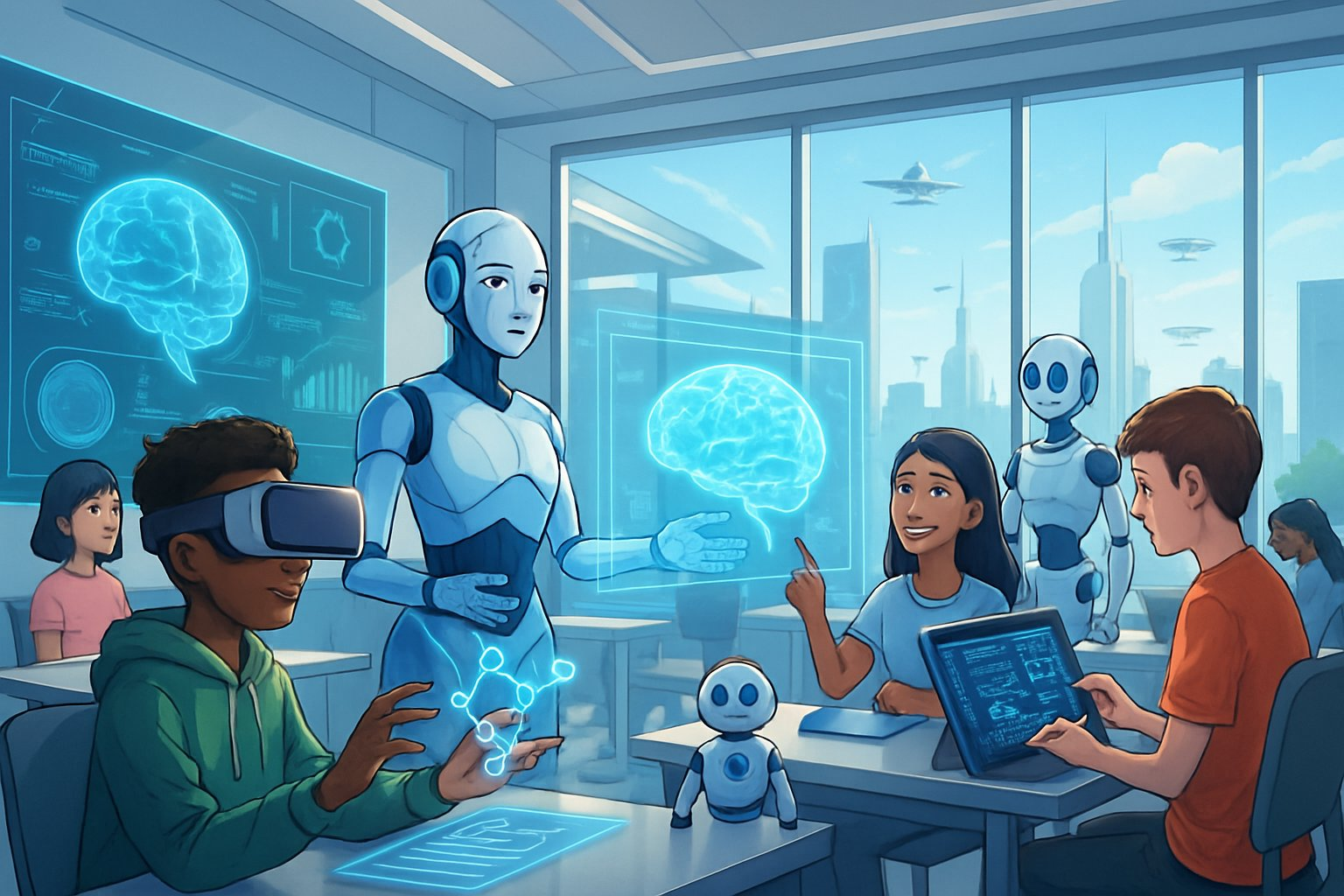 A futuristic classroom where diverse students use advanced AI tools like holograms and robots for learning, guided by a teacher in a high-tech environment.