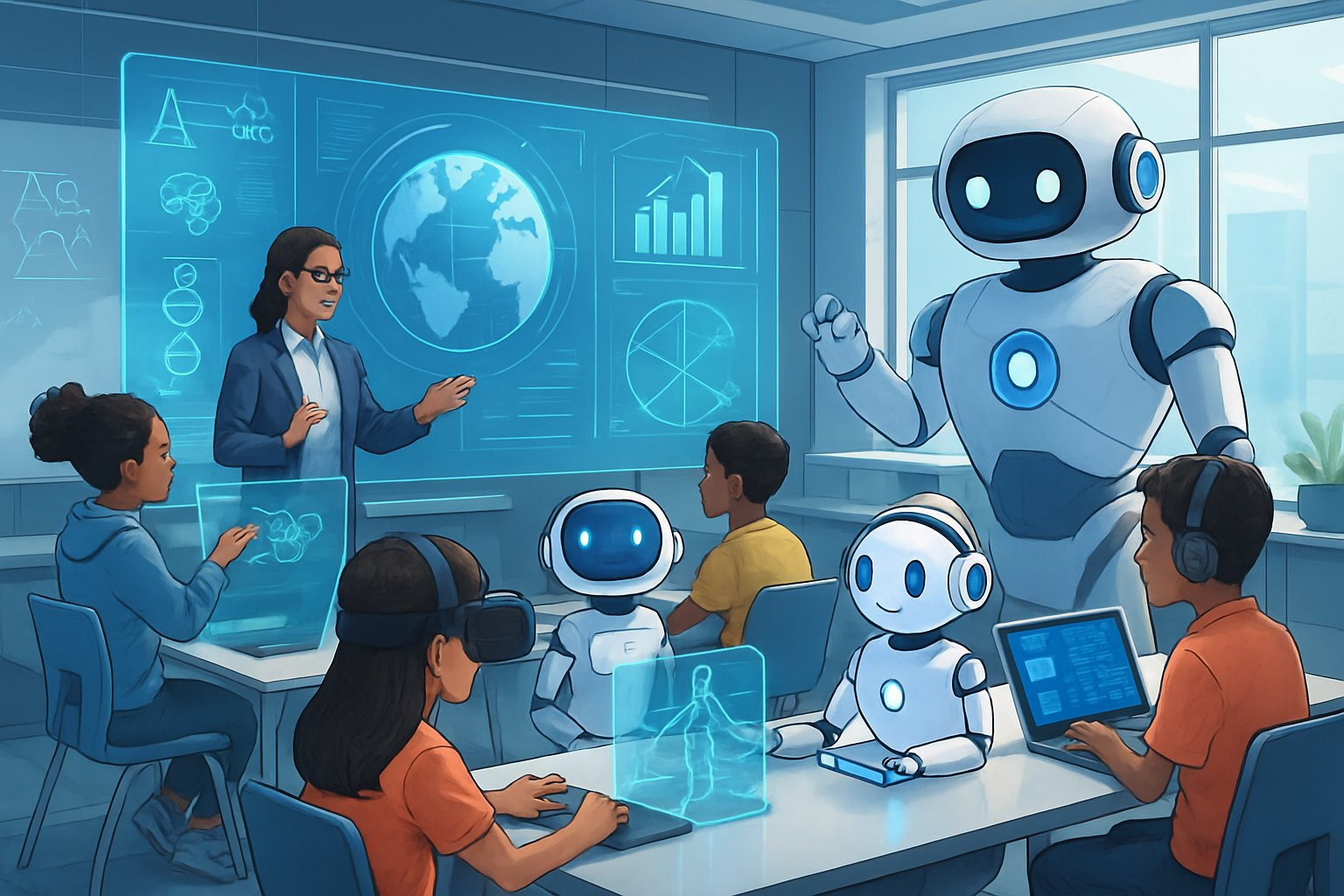 A futuristic classroom with students using holograms, virtual reality, and AI devices while a teacher guides them.