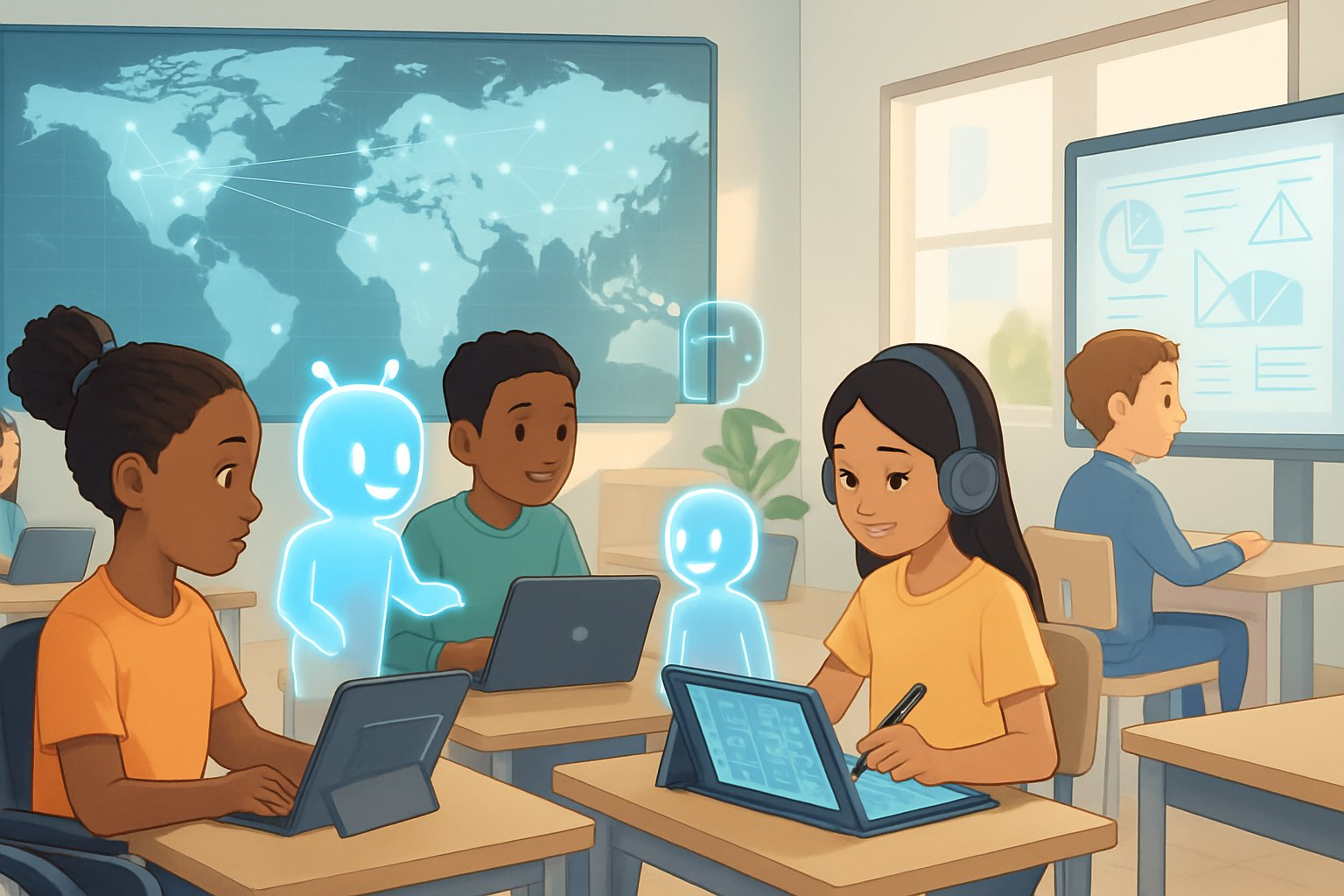 A diverse group of students using AI-powered learning tools and holographic tutors in a modern classroom that promotes inclusive and accessible education.