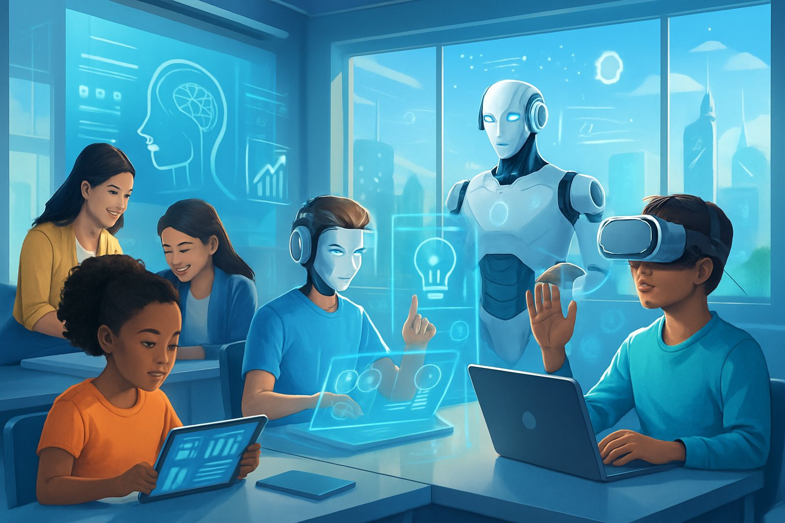 Students using advanced AI tools in a bright classroom, guided by a humanoid robot, working together with digital devices.